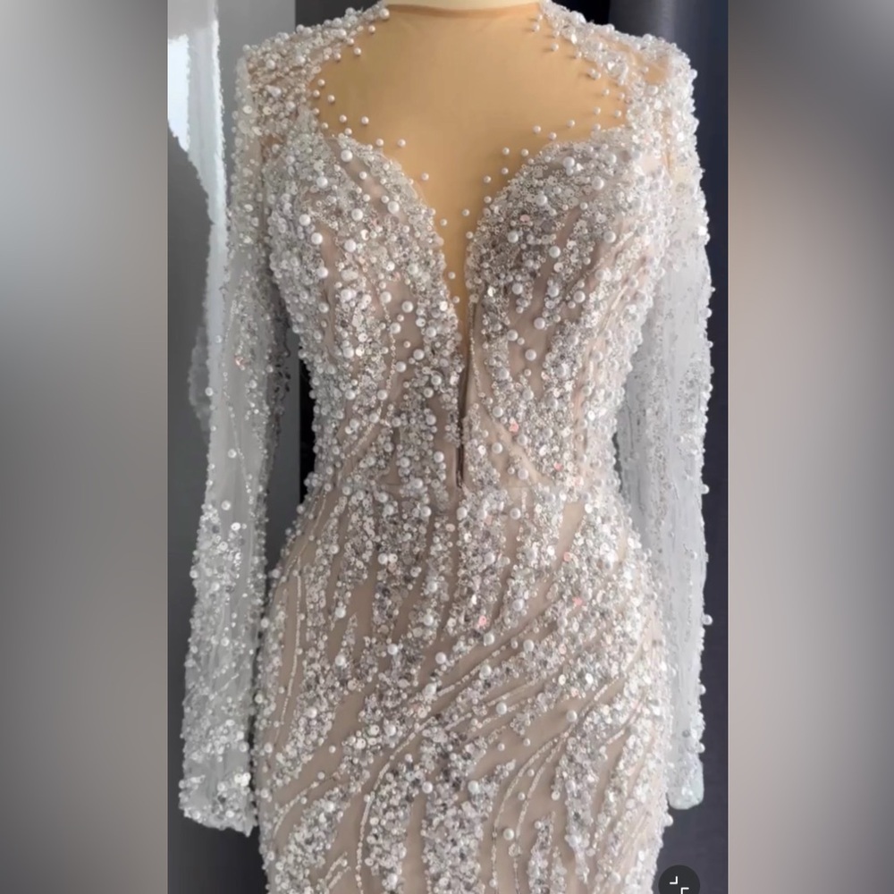 Elegant Silver Beaded Evening Gown